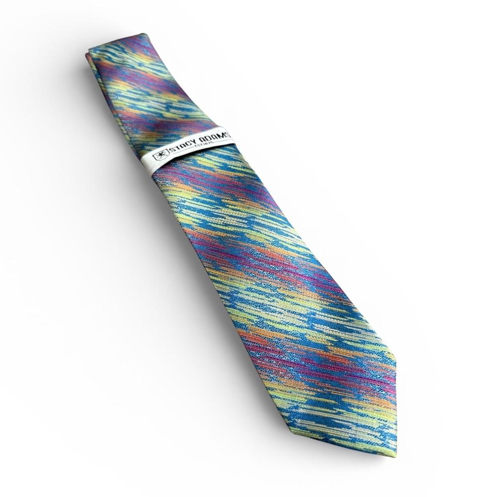 NWT Stacy Adams Multicolor Microfiber Tie & Handkerchief - Pinks/Blue/Green